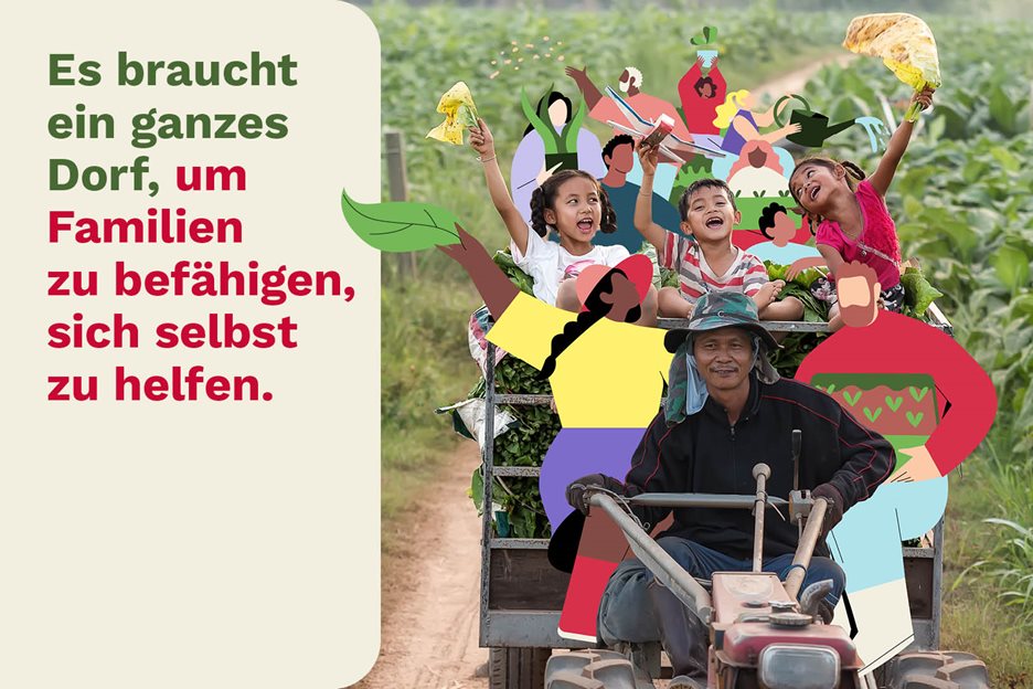 Illustriertes Bild mit Aufschrift: Es braucht ein ganzes Dorf, um Menschen zu befähigen, sich selbst zu helfen.