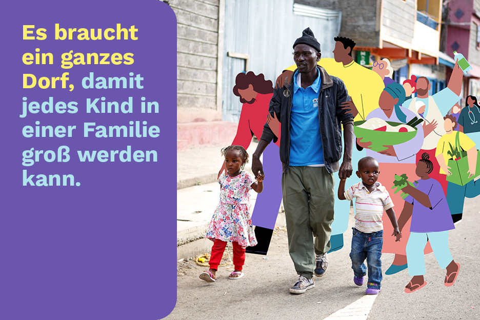 Illustriertes Bild mit Aufschrift: Es braucht ein ganzes Dorf, damit jedes Kind in einer Familie groß werden kann.