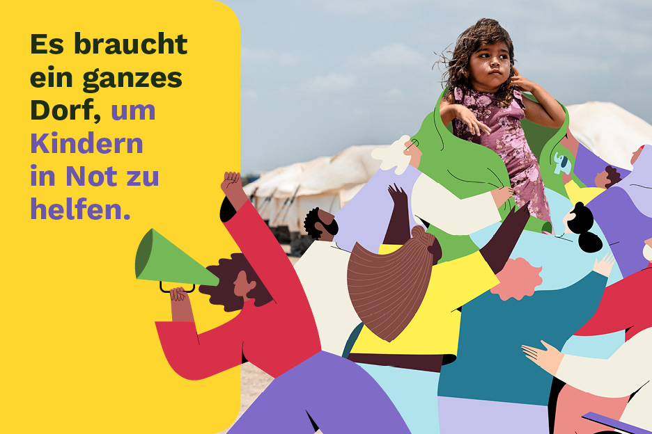 Illustriertes Bild mit Aufschrift: Es braucht ein ganzes Dorf, um Kindern in Not zu helfen
