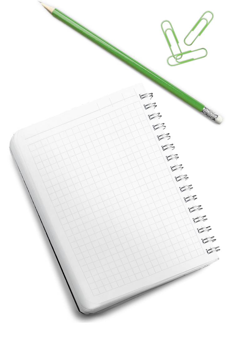 Ein Bleistift, drei Büroklammern und ein Schreibblock 