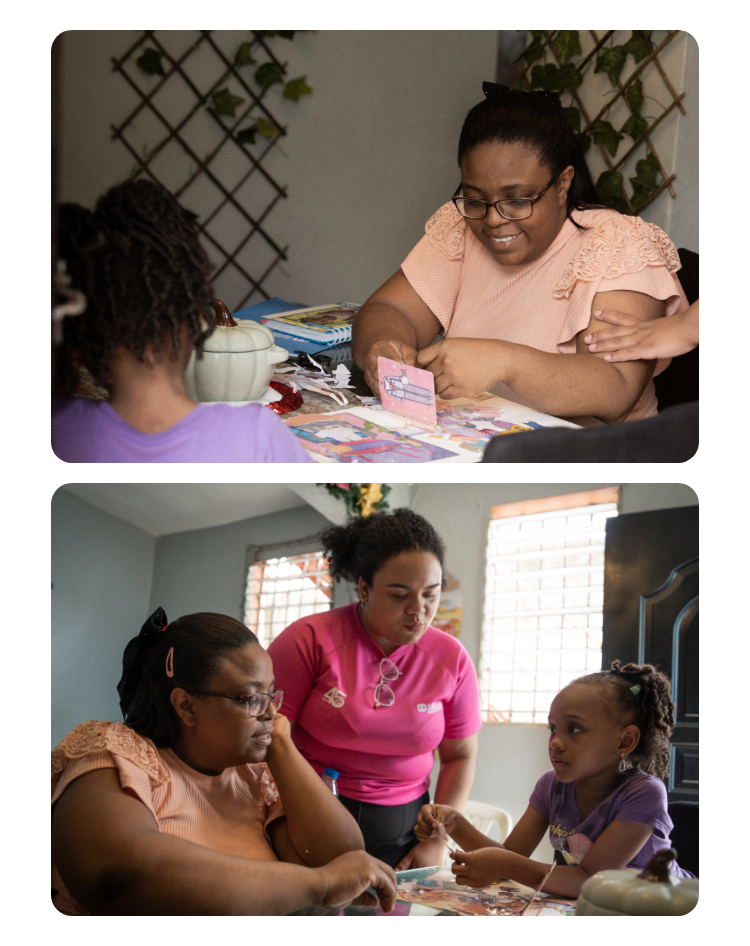 Nora Severino macht mit einem Kind Hausaufgaben. Nora Severino und Karina Tolentino unterhalten sich mit einem Mädchen. 