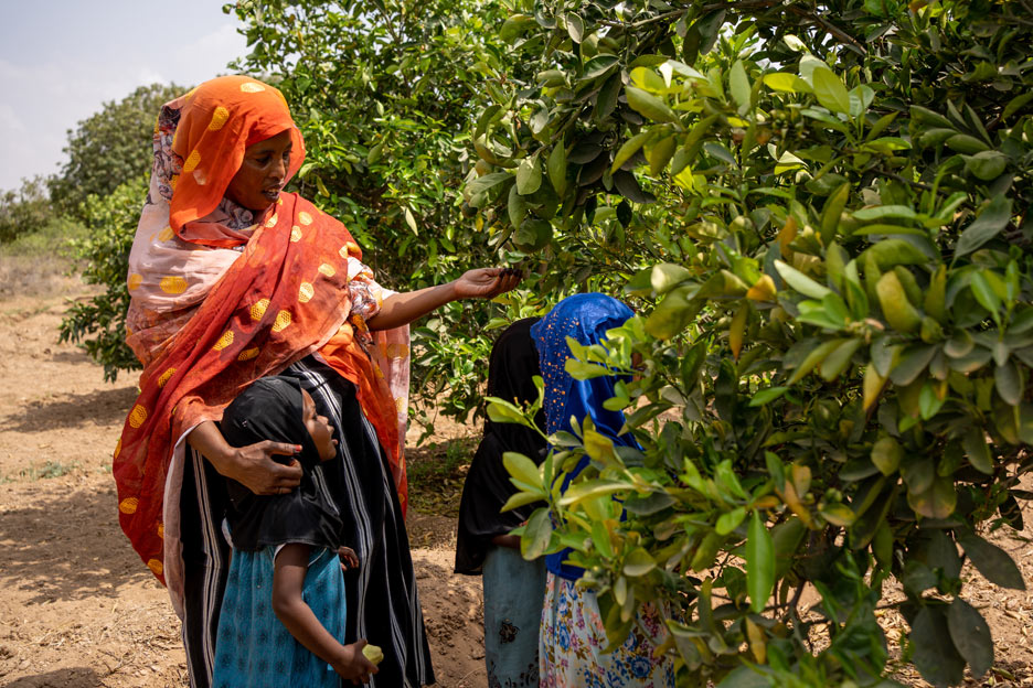 Mutter mit Kindern zwischen Obstpflanzen in Somalia. Foto: Lydia Mantler