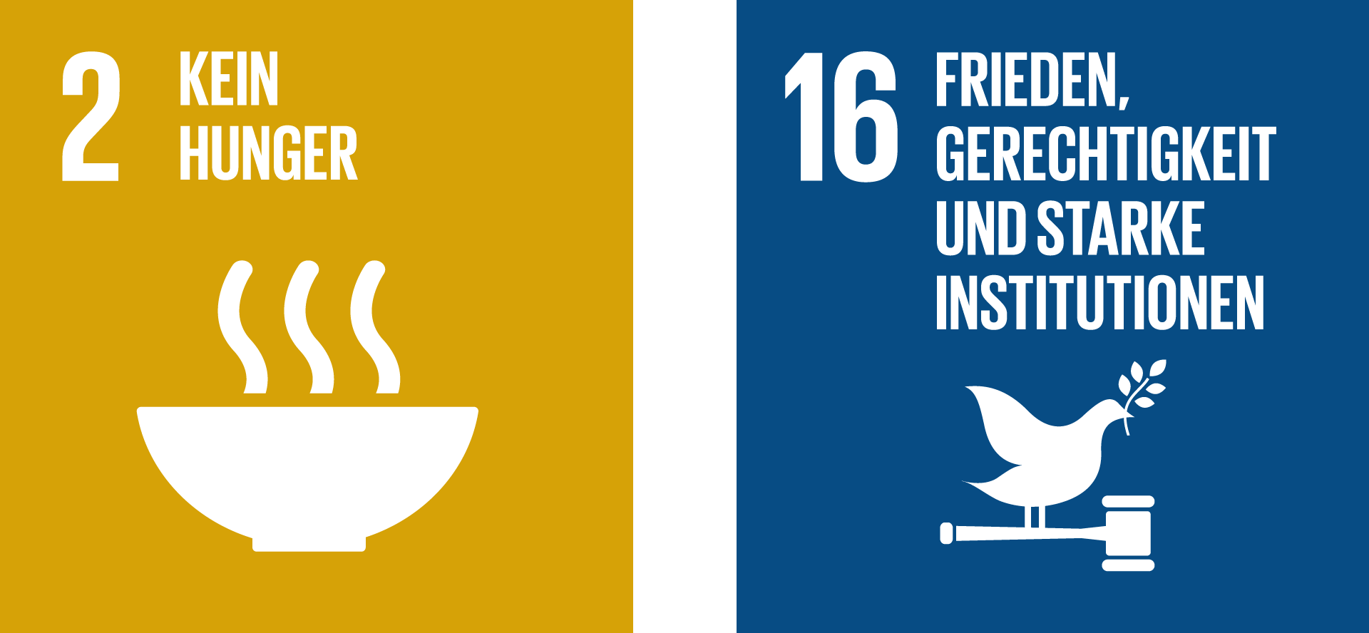 Icon: SDG 2 Kein Hunger, SDG 16 Frieden, Gerechtigkeit, starke Institutionen