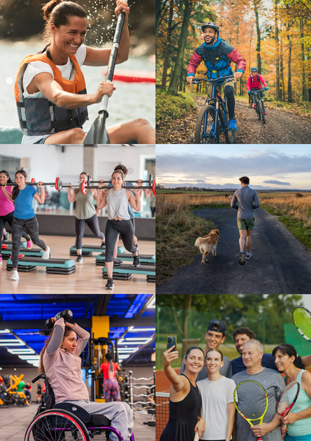 Collage verschiedener Menschen beim gemeinsam Sport machen