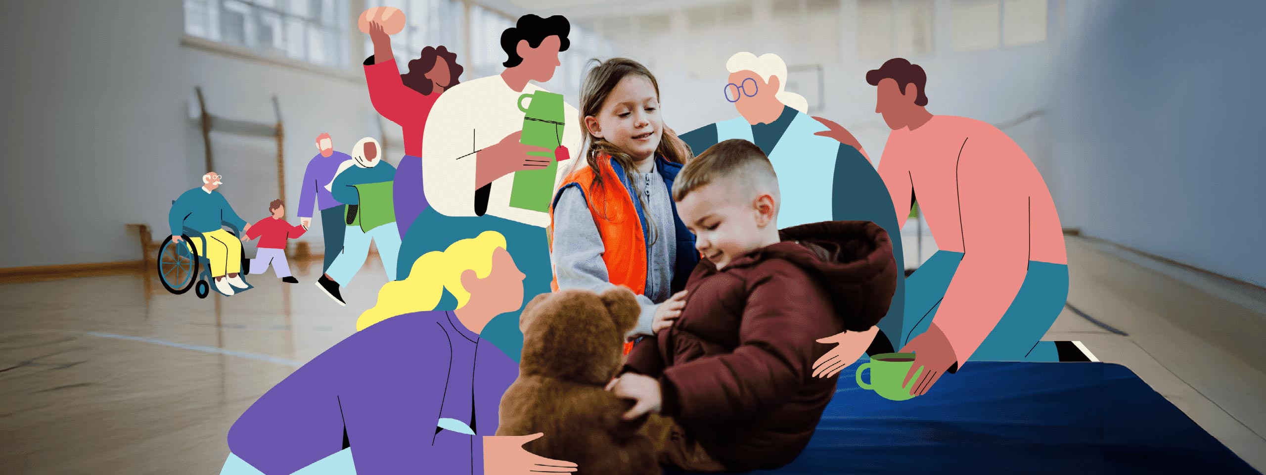 Ein kleiner Junge sitzt mit Jacke in einer Sporthalle. Bunt illustrierte Menschen reichen ihm einen Teddy und heißen Tee.