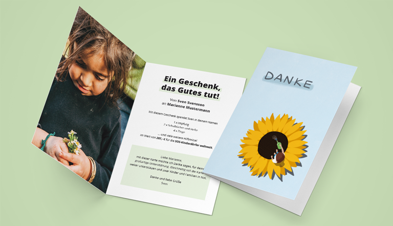 Grußkarte mit Sonnenblume und Kind