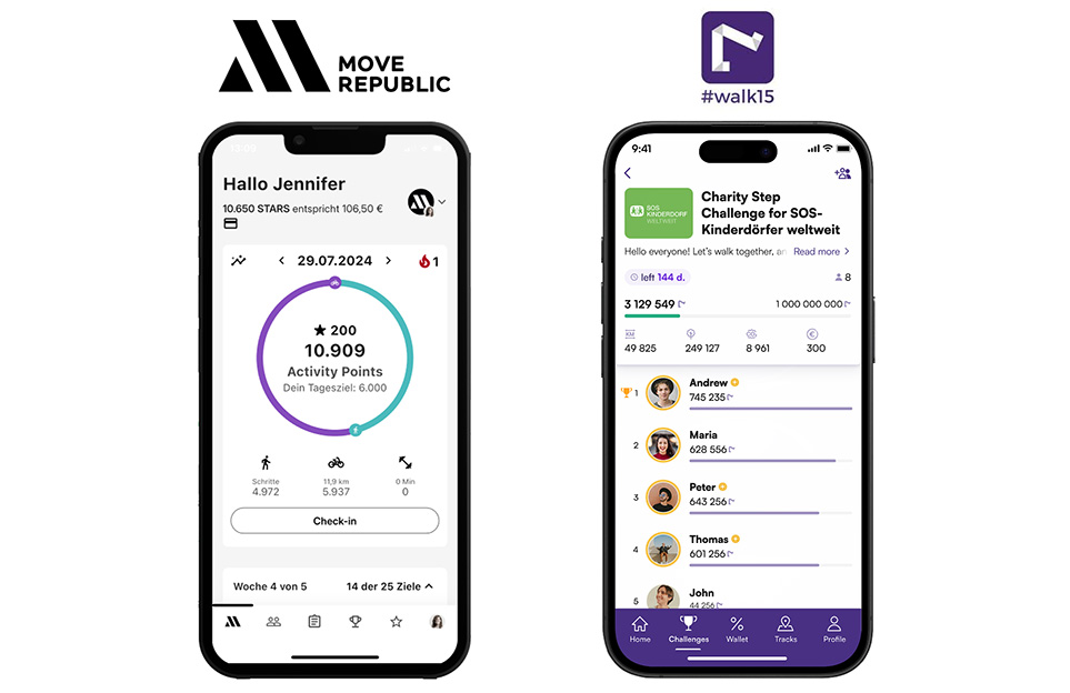 Grafik zeigt Logos von MoveRepublic und Walk15 sowie zwei Smartphones mit App-Ansicht