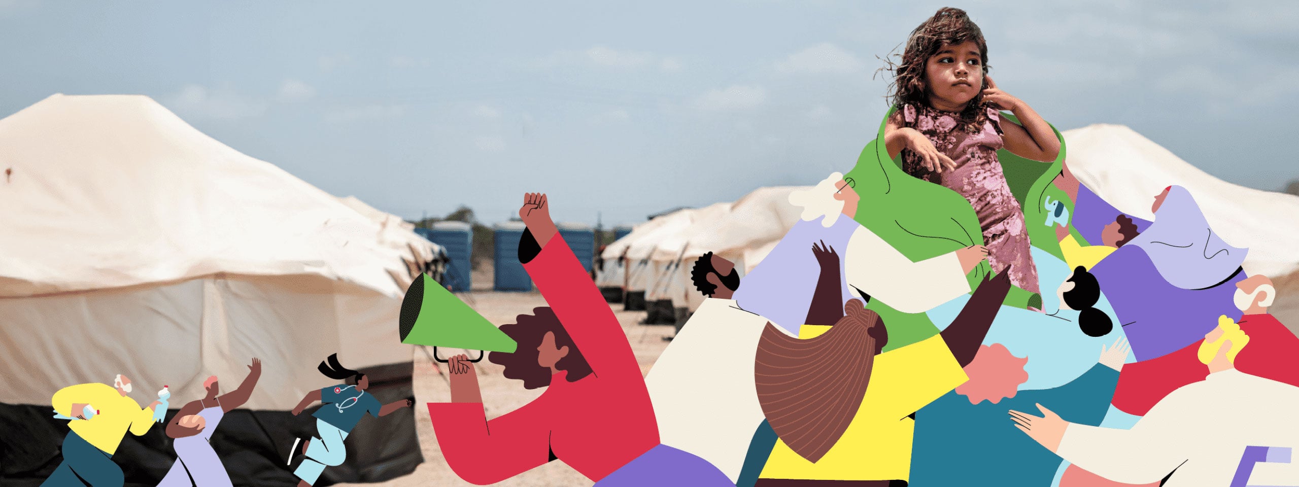 Ein Mädchen in einem Flüchtlingslager wird nach oben gehoben von bunt illustrierten Personen.