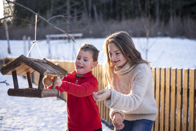 Zwei Kinder füttern Vögel im Winter in Innsbruck,Österreich